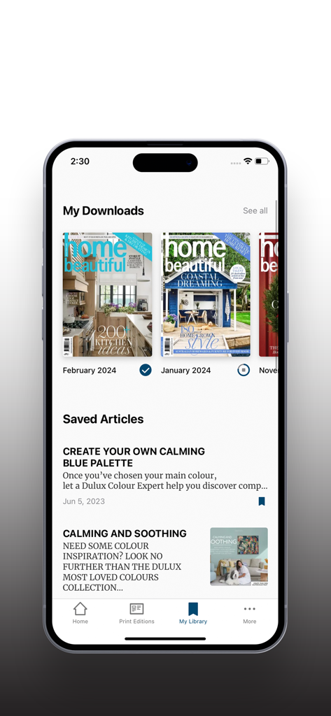 Home Beautiful app My Library screen featuring downloaded digital magazine issues and saved interior design articles
