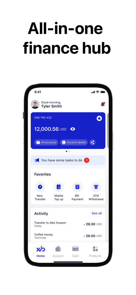 xBank app - xBank app dashboard showing account balance and financial transaction history