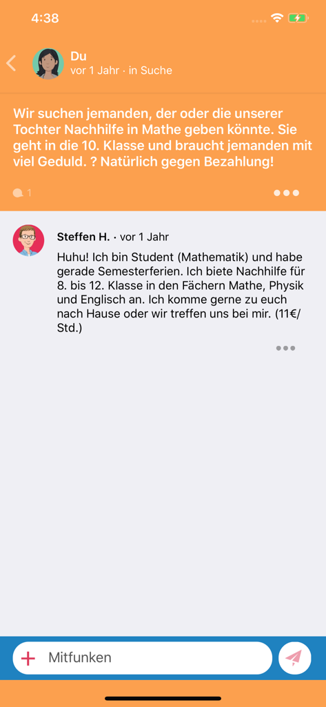 DorfFunk mobile app interface showing a community request for math tutoring and a neighbor's helpful reply.
