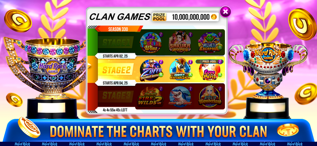 Hard Rock Jackpot Planet Clan Games interface showing trophies and prize pool