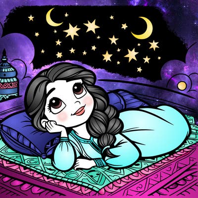 a princess lying on her back on a blanket, looking up at the stars with a dreamy expression.