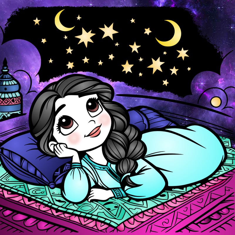 a princess lying on her back on a blanket, looking up at the stars with a dreamy expression.