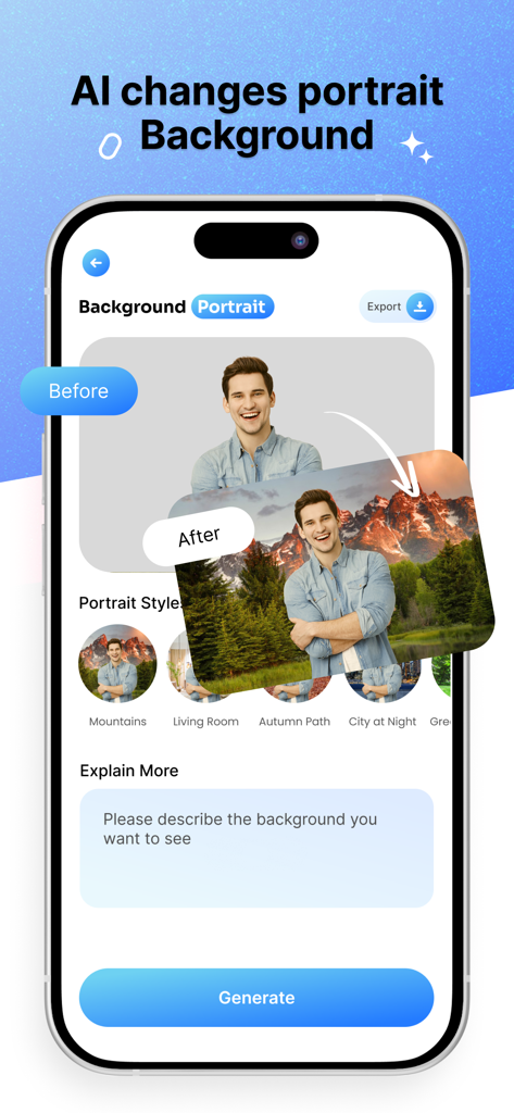 Open Camera - Interface of Open Camera app showing a before and after comparison of an AI background replacement for a portrait photo