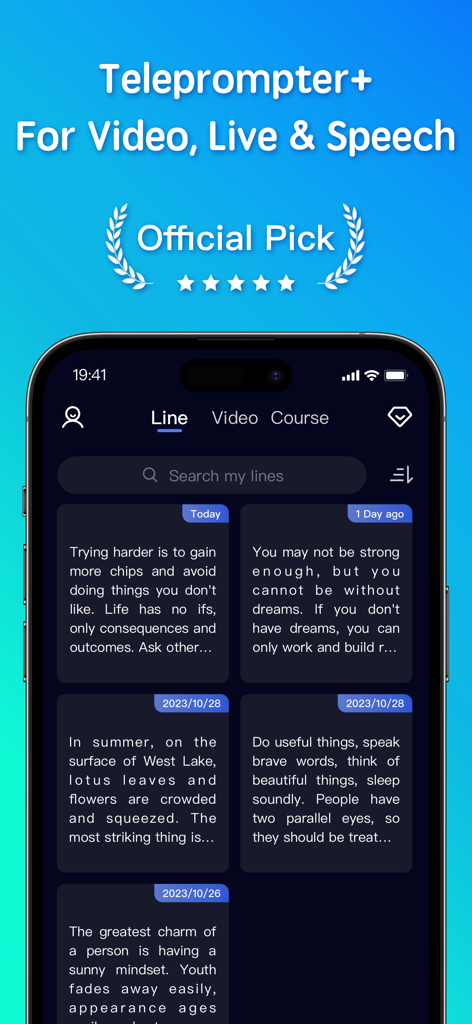 Teleprompter app screen showing a library of saved scripts for video recording and live streaming