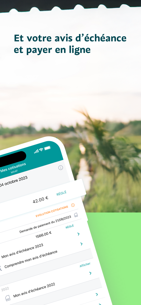 MAAF et Moi app interface displaying insurance renewal notices and payment history