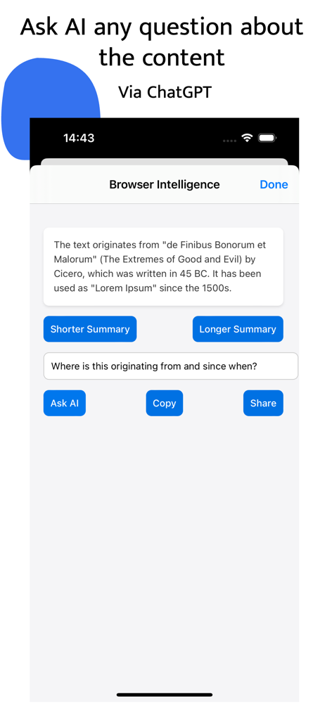 Browser Intelligence - Interface of Browser Intelligence app showing the interactive AI Q&A feature powered by ChatGPT