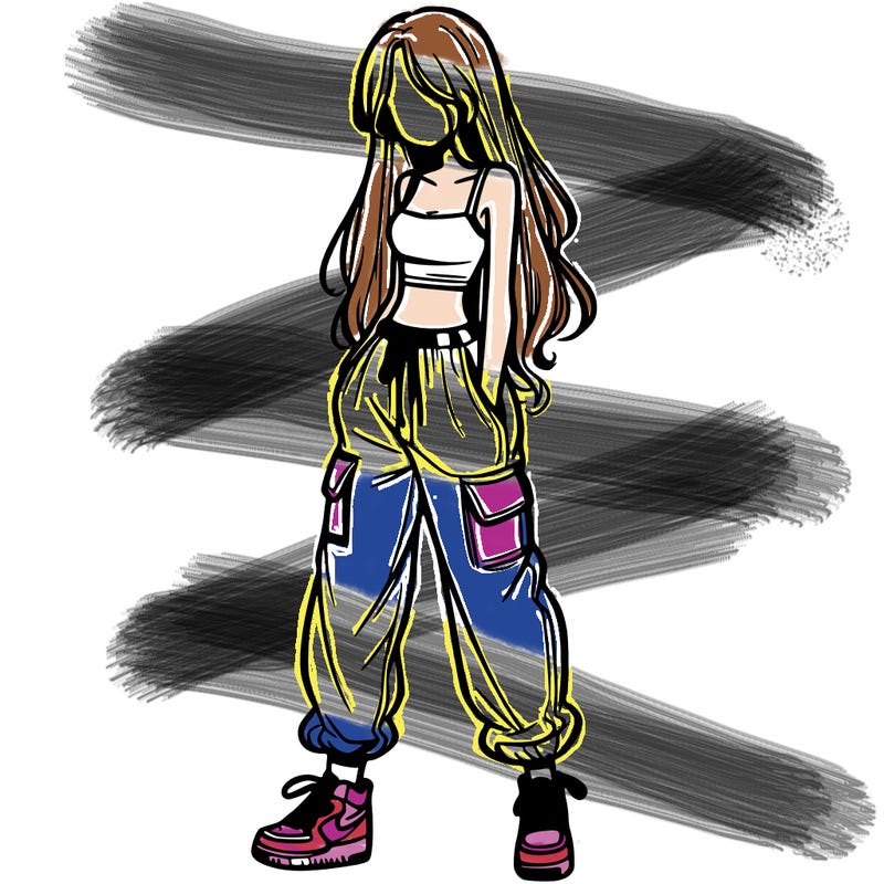 girl in baggy pants crop top and long hair