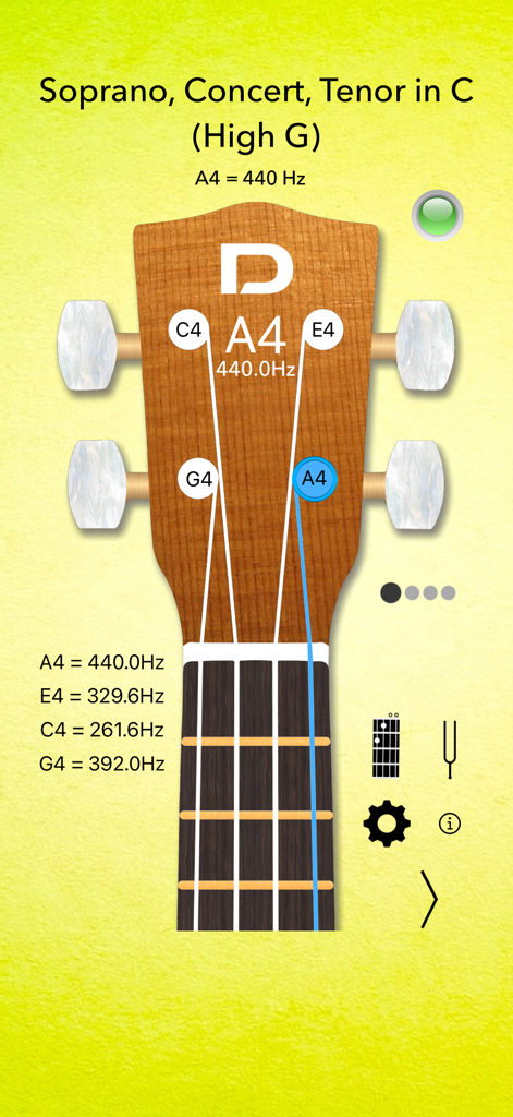 Uma interface móvel para afinar um ukulele mostrando o headstock e as configurações de frequência para modelos soprano, concerto e tenor