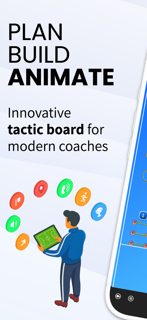 Futsal coach using a digital tactics board to plan and animate drills