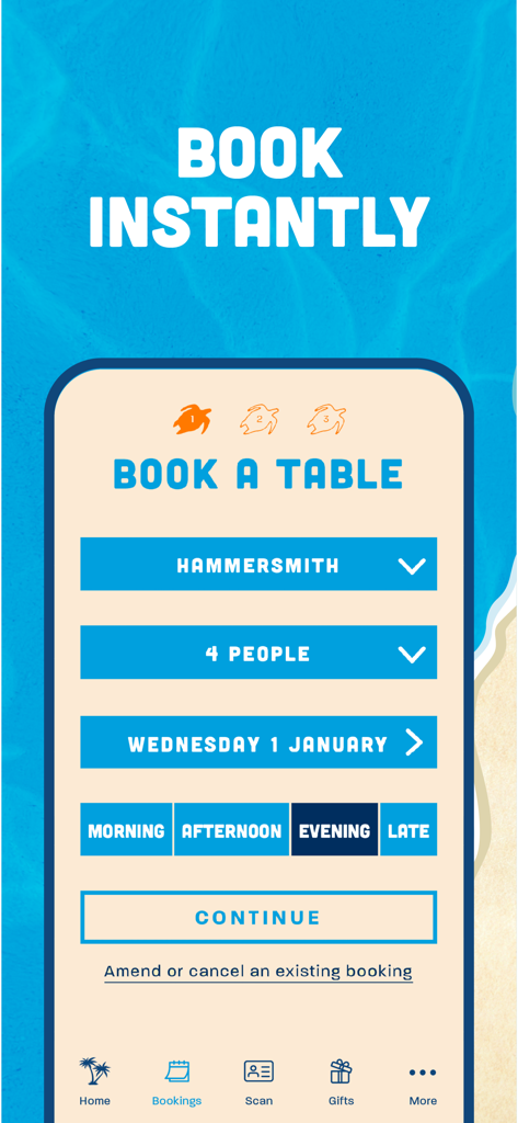Mobile screen of the Turtle Bay app showing the interface for booking a table including location and time selection