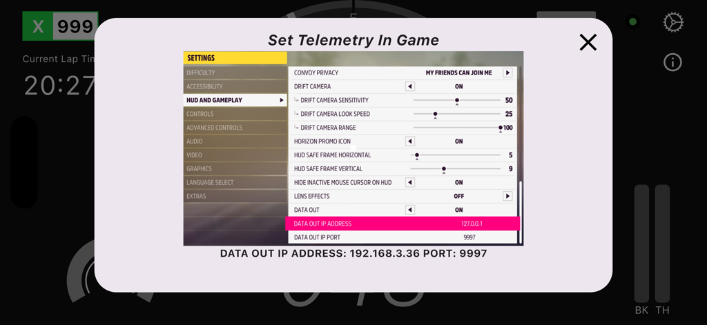 Setup guide for Forza Dash showing how to configure telemetry data settings in the game menu