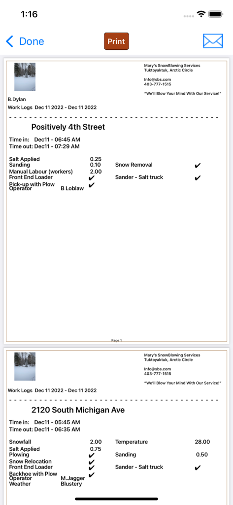 mpengo Snow - Digital snow removal work log reports showing services and equipment used