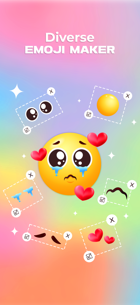 Interface of a diverse emoji maker app showing a customized crying face with red hearts and various selectable design elements