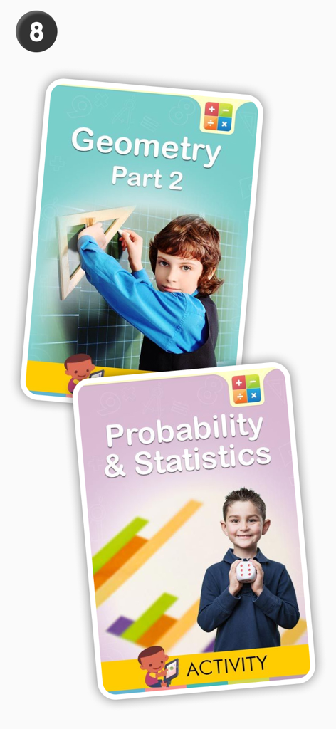 Digital math activity cards for first grade students covering geometry and probability statistics