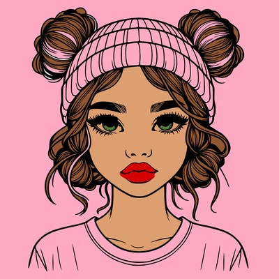 realistic girl with buns in her hair with a beanie on