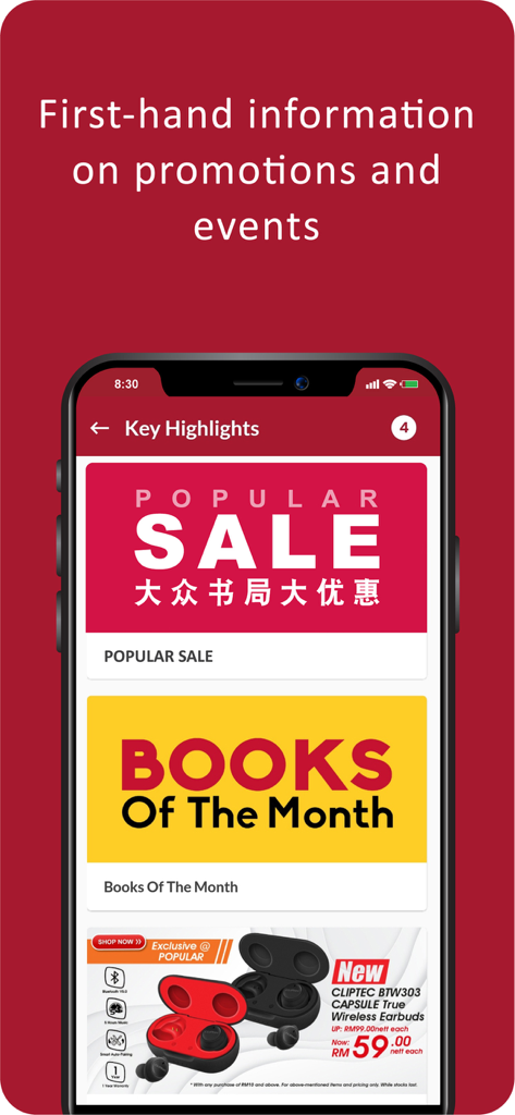 Popular MY app interface showing the key highlights page with sales banners and promotional offers