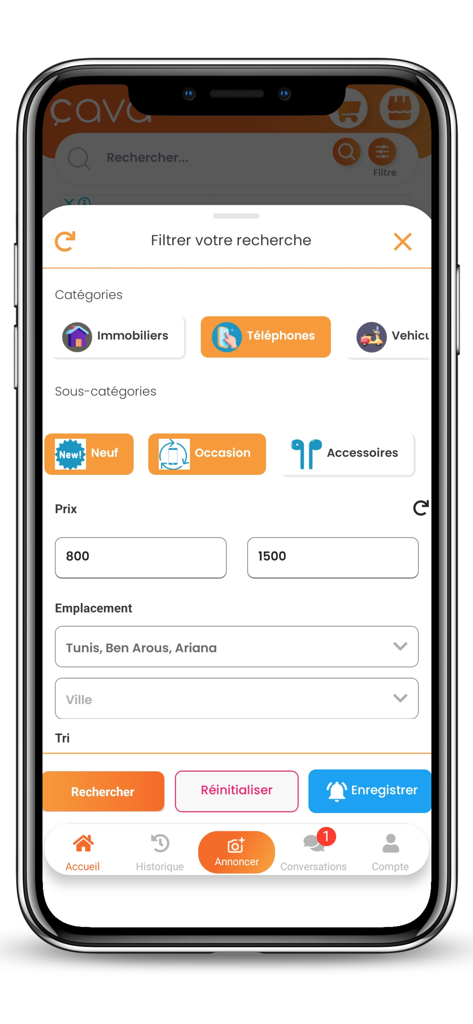Tela de filtro de pesquisa no aplicativo Cava.tn para classificados tunisianos mostrando categorias e faixas de preço.