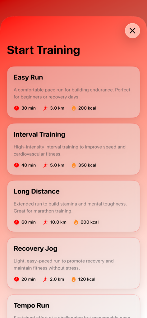 Run Lеft - Un menú en la aplicación Run Left que muestra varios programas de entrenamiento como Carrera Fácil, Entrenamiento por Intervalos y Larga Distancia con métricas estimadas.