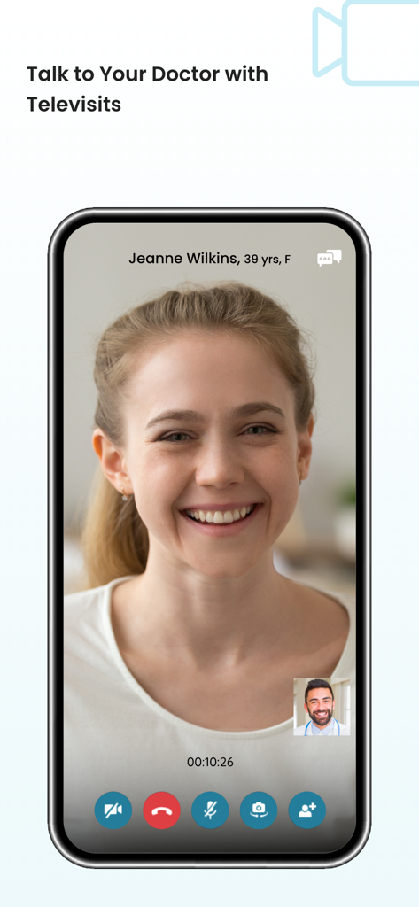 A woman using the healow app for a televisit video consultation with her doctor