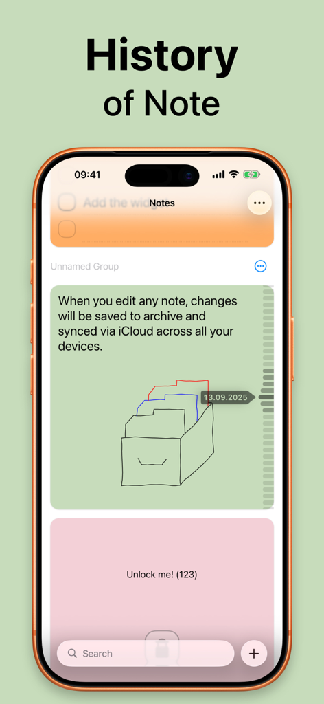Sticky Note Widget. Stickies - Interfaz de la aplicación Sticky Note que muestra la función de historial y archivo de notas con información de sincronización iCloud en la pantalla de un dispositivo móvil.