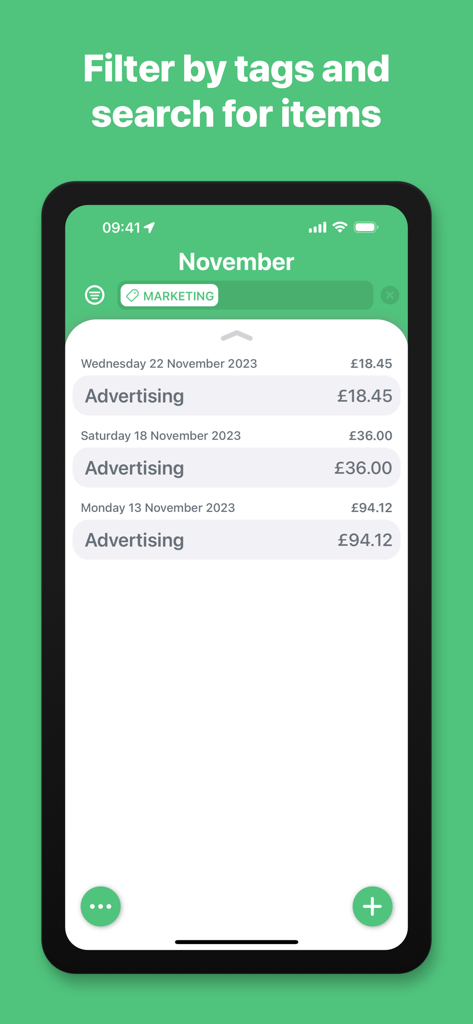 Benutzeroberfläche der Geschäftsausgaben-App, die gefilterte Werbekosten unter dem Tag Marketing für November anzeigt