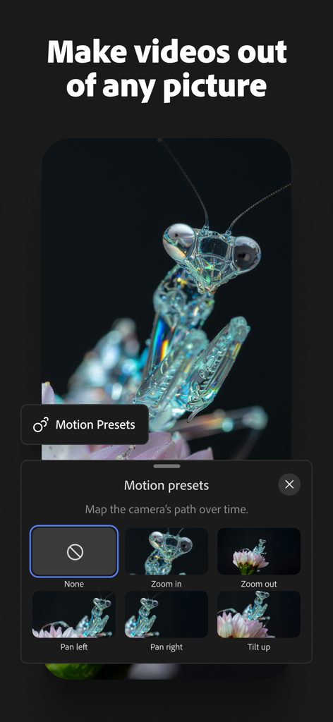 Adobe Firefly app interface showing motion presets to animate a picture of a crystalline mantis into a video