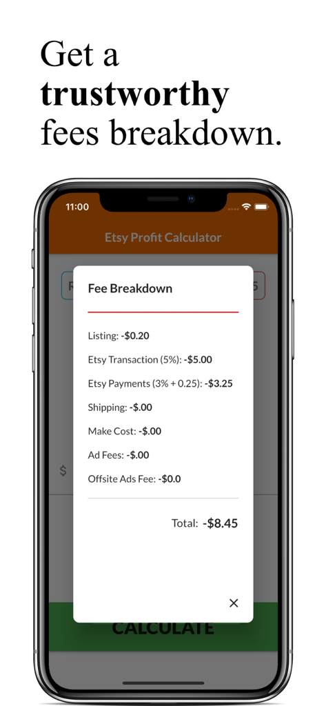 E-Profit Calculator - A smartphone displaying a detailed breakdown of Etsy selling fees including transaction and payment processing costs