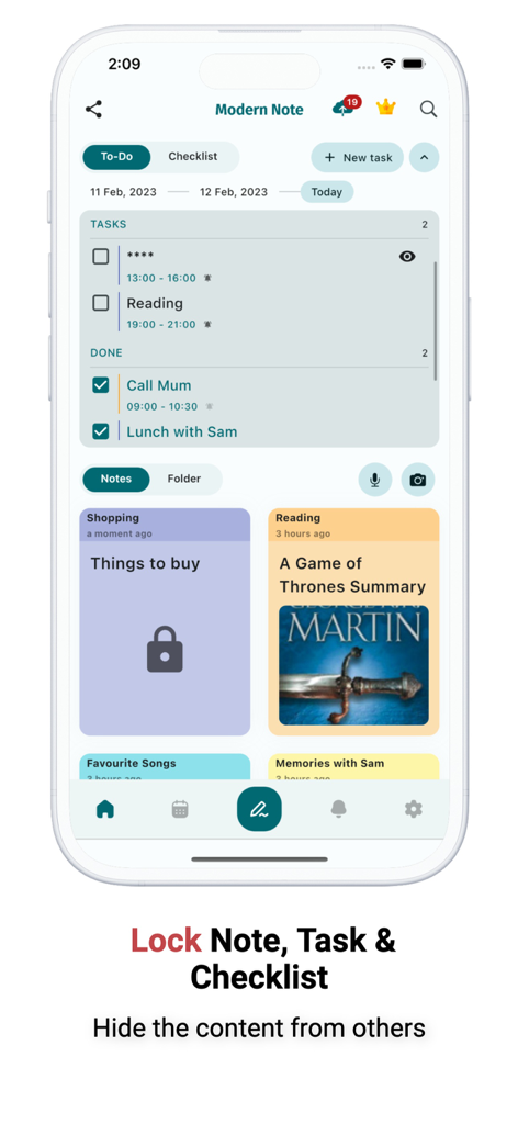 Note, Voice Notes, Todo Widget - Interfaz de la aplicación Note Master que muestra cuadernos codificados por colores y una lista de compras bloqueada por privacidad.