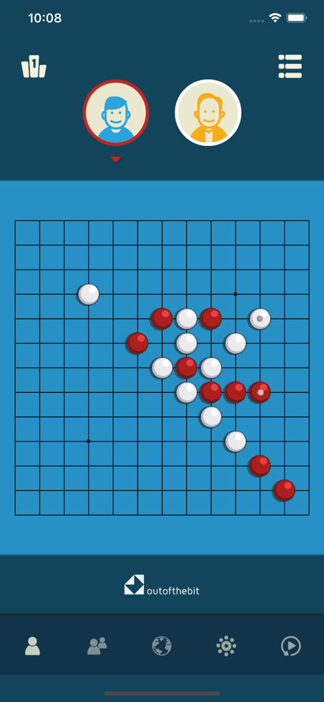 Five In a Row - Gomoku - Gomoku board game interface with red and white pieces on a blue grid