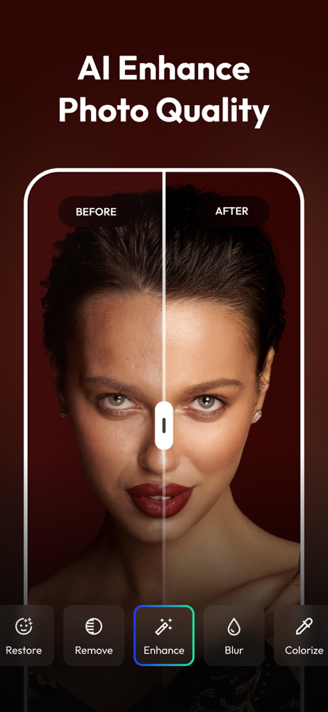 PixelUp: AI Photo Enhancer - A before and after comparison of a portrait photo showing improved clarity and skin smoothing using PixelUp AI photo enhancer