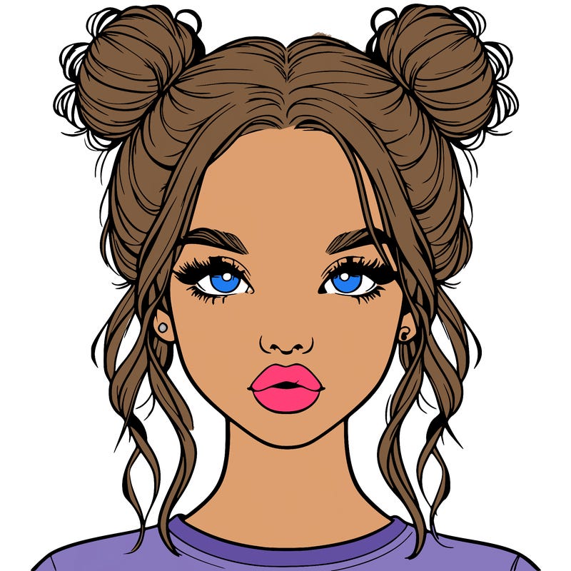 realistic girl with two buns in hair and lips