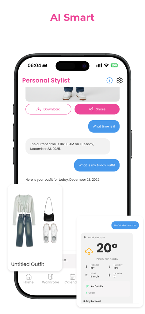 Benutzeroberfläche des Chats der Sty AI App, die einen Chat-Assistenten zeigt, der Outfit-Vorschläge und Wetter-Updates liefert.