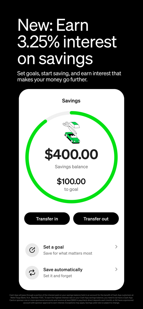 Cash App savings screen showing a four hundred dollar balance goal progress and interest rate information