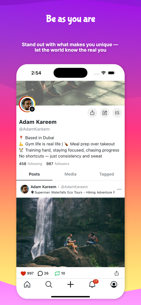 UpScrolled mobile app user profile showing personal biography and photo feed