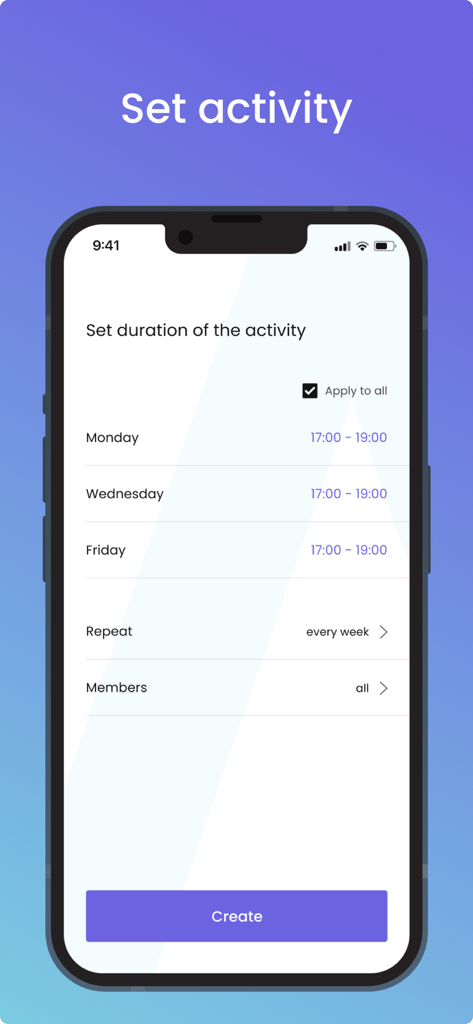 Interface for setting weekly practice schedules and durations for sports teams