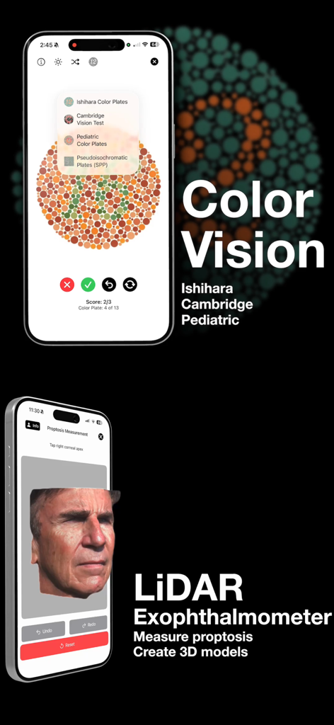 Affichage d'outils d'ophtalmologie, y compris des tests de vision des couleurs et un exophtalmomètre LiDAR