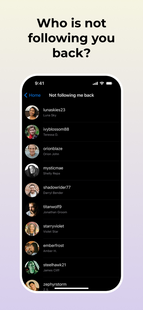 Postegro Unfollowers Followers - A mobile screenshot of the Postegro app showing a list of Instagram users who are not following the user back.