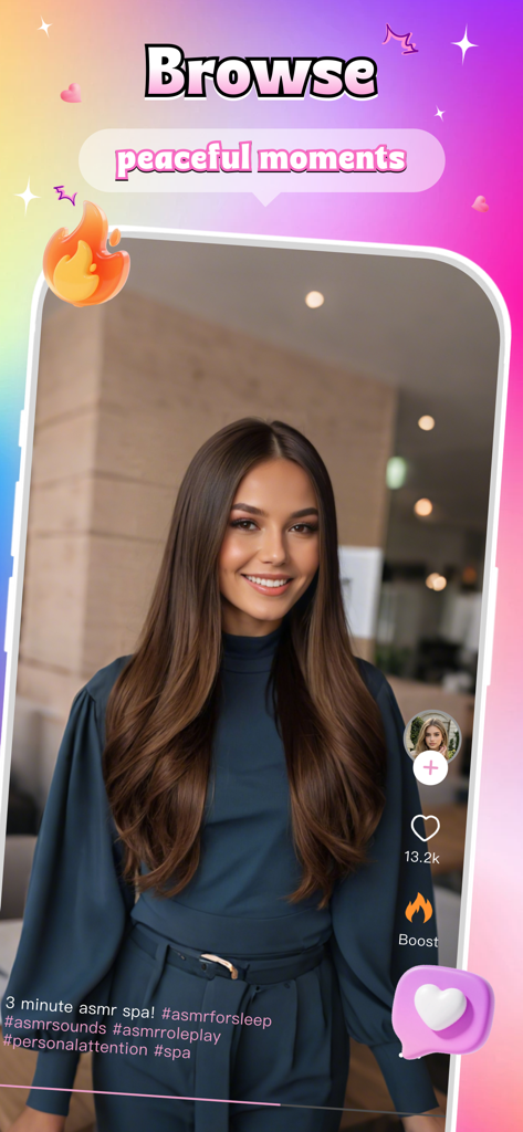 Hush - relaxation - Interface do aplicativo Hush mostrando uma mulher em um vídeo ASMR tranquilo com recursos sociais e hashtags para relaxamento