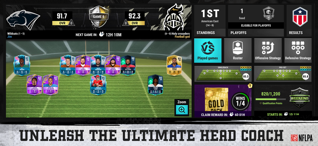 Football Head Coach 26 - FHC - Panel de gestión de Football Head Coach 26 que muestra la plantilla del equipo de jugadores de la NFL y las opciones de estrategia táctica.