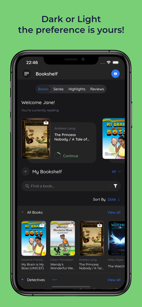 A smartphone displaying the BookFusion digital library app in dark mode featuring several eBook covers.