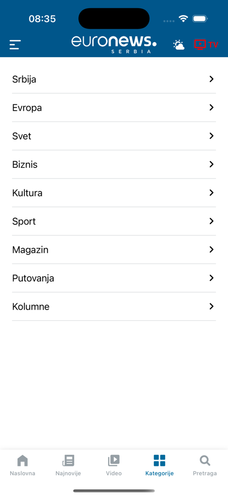 Interface de l'application mobile Euronews Serbie affichant une liste de catégories d'actualités en serbe, y compris Serbie, Europe, Monde et Affaires.