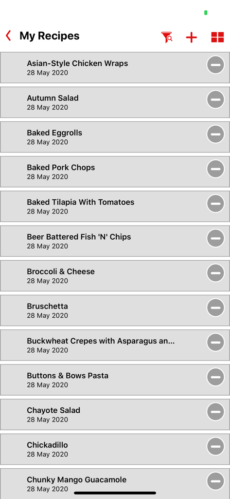 Interface do aplicativo MasterCook mostrando uma lista vertical de receitas salvas como Wraps de Frango Estilo Asiático e Salada de Outono