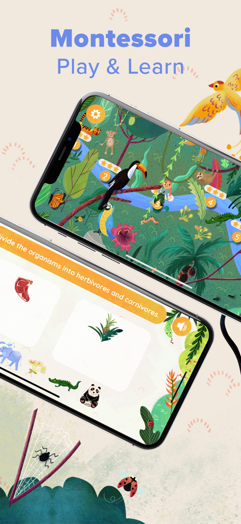 Smart Kiddo Montessori Kids 3+ - Interface of Smart Kiddo Montessori app featuring a jungle map and an animal sorting game for toddlers