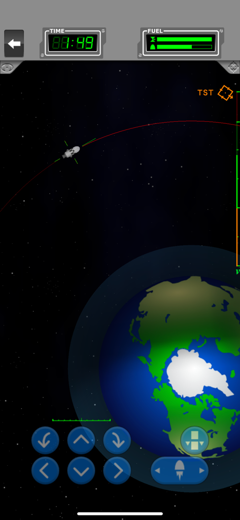 Space Agency - A spacecraft orbiting Earth with fuel and time displays in the Space Agency simulator.