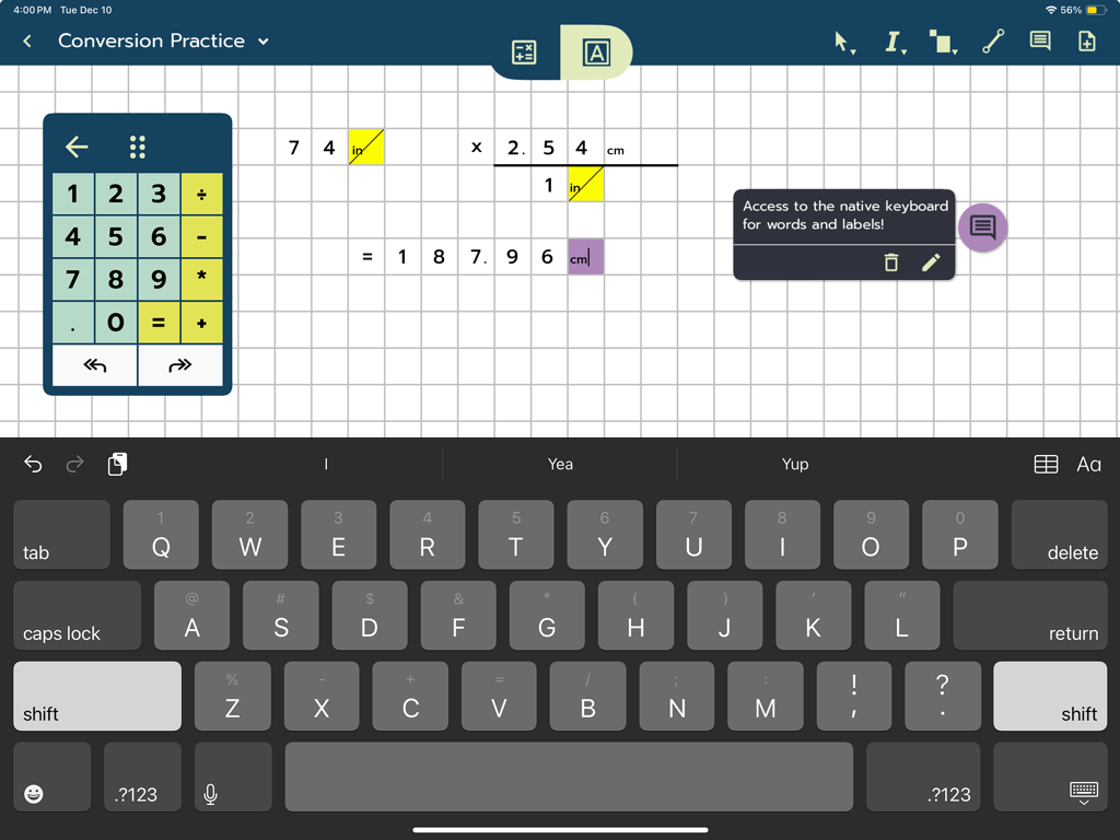 Modmath - Modmath app on iPad showing math conversion practice on a digital grid using a custom math keypad and the native keyboard for labels