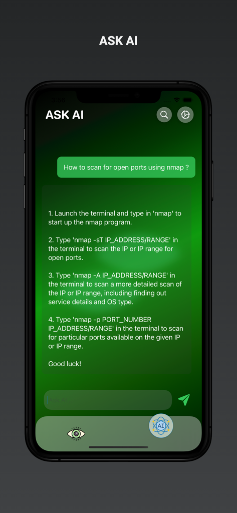 Asistente de IA en la aplicación Manual de Nmap explicando cómo escanear puertos abiertos.