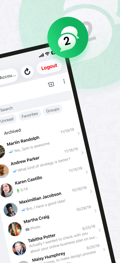 Dual App Manager: Chat Mate - Interface of the Chat Mate app displaying a list of conversations for dual account management
