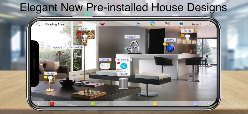 HOS Smart Home app displaying live device status over an elegant house design