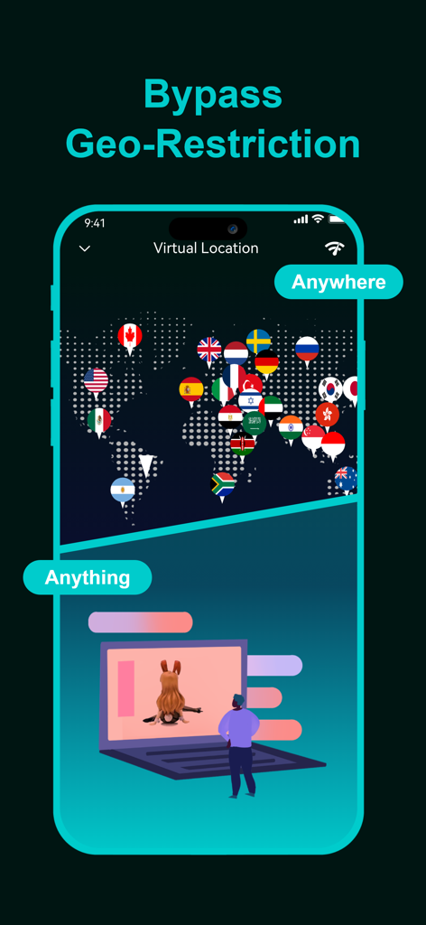 Plato VPN app interface showing a world map with international server locations to bypass geo-restrictions