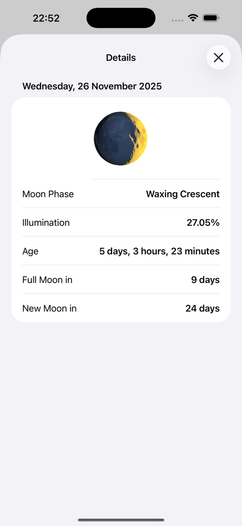 Moon Phases - Lunar Calendar - Detailed view of a waxing crescent moon showing illumination percentage and age